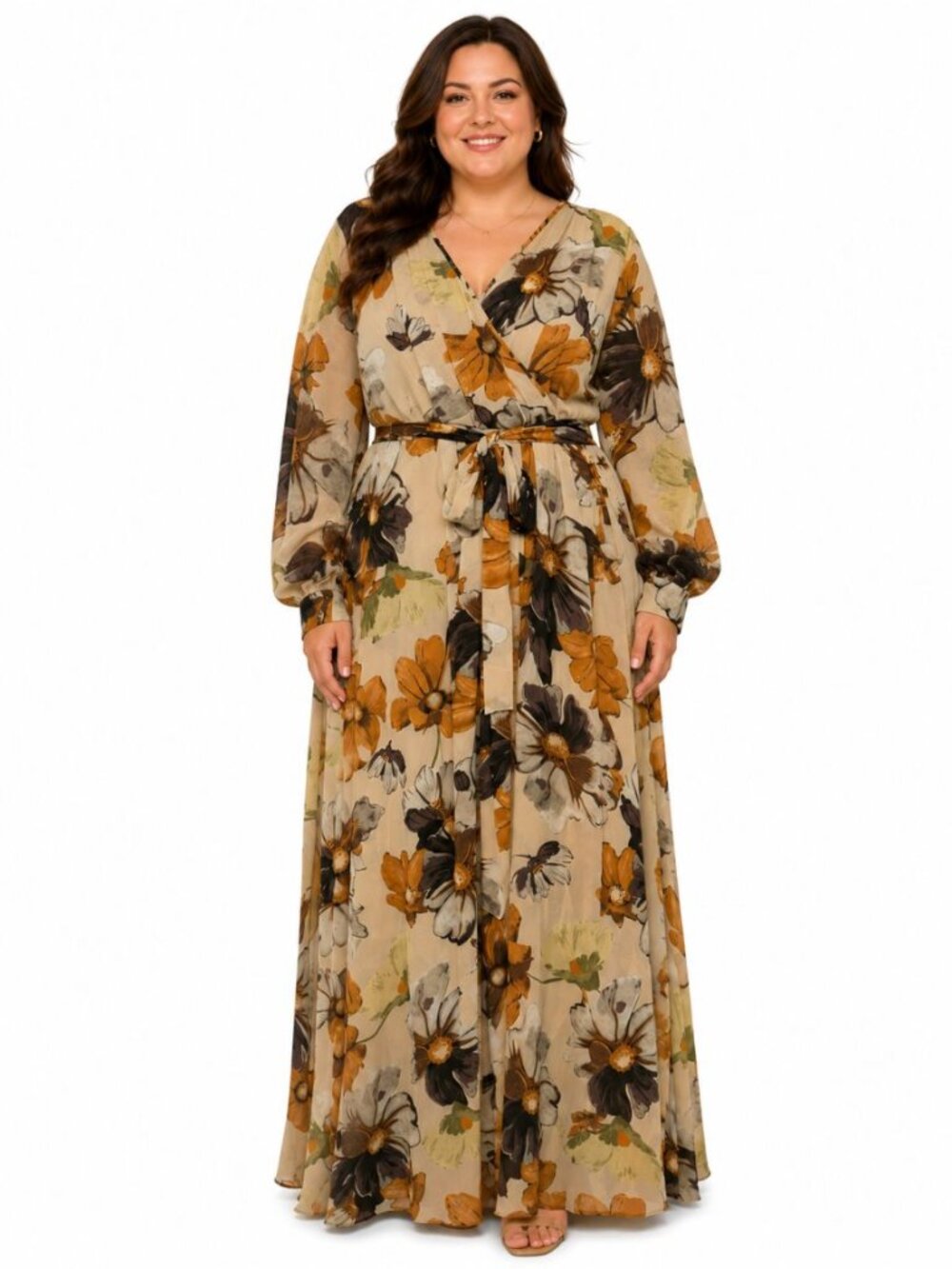 Baltic Born Womens Lydia Maxi Dress Warm Camel Floral Print Belted EUC Size XXXL